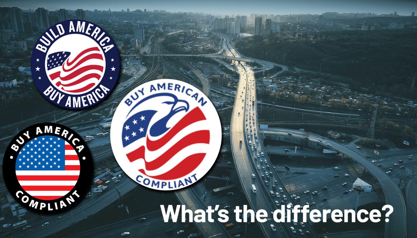 Aerial shot of a highway infrastructure with the logos for the Build America, Buy America act, Buy America Act, and Buy American act, showing the difference in the 3 initiatives.